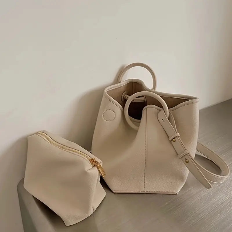 Trendy Solid Color Faux Leather Bucket Handbag