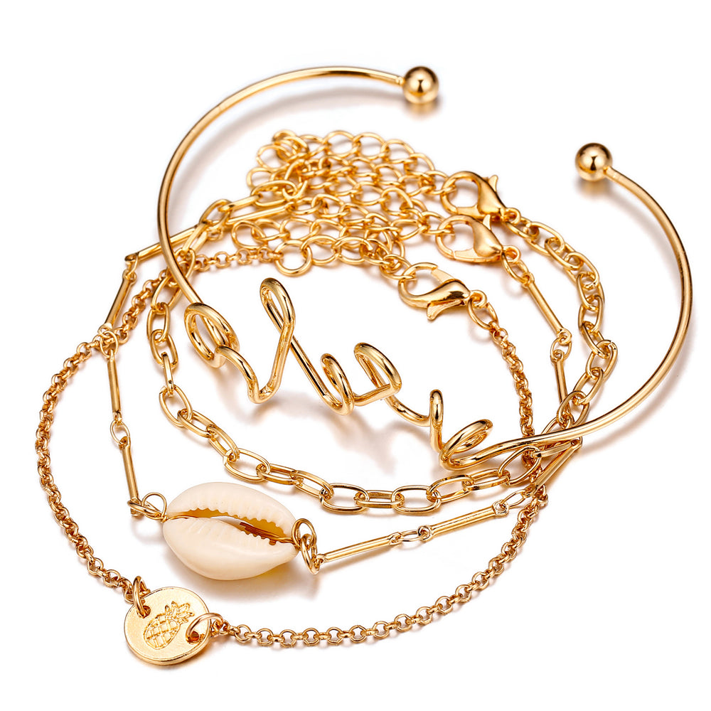 Vintage Bohemian Letter Shell Metal Bracelet Set (4 Pcs)