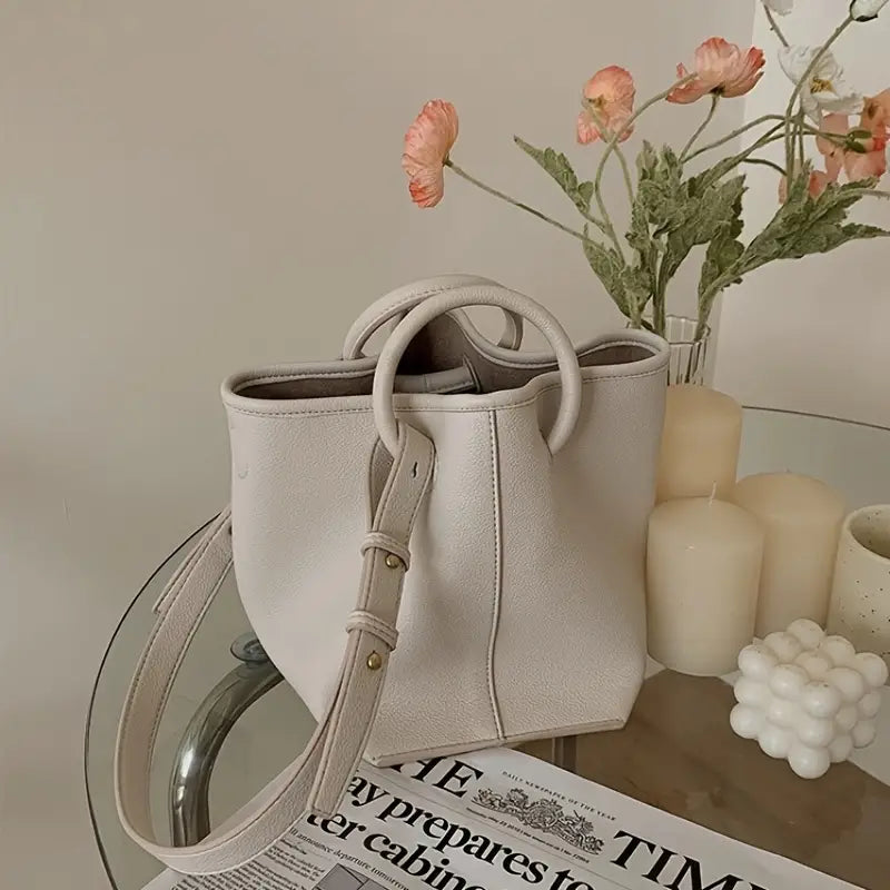 Trendy Solid Color Faux Leather Bucket Handbag