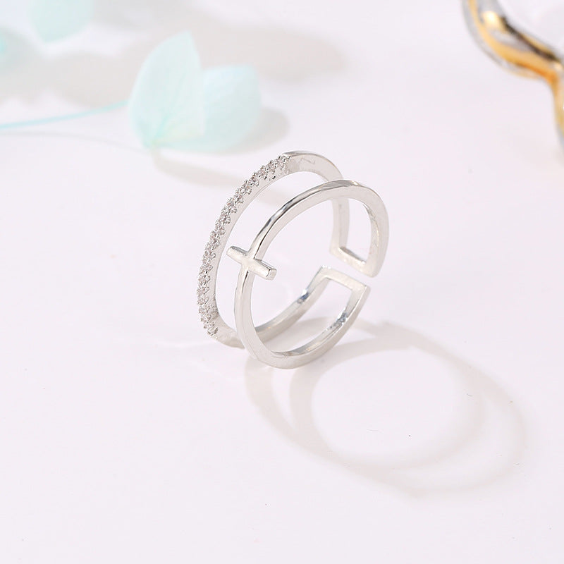 Rose Gold Cross Inlay Adjustable Ring - Trendy Design