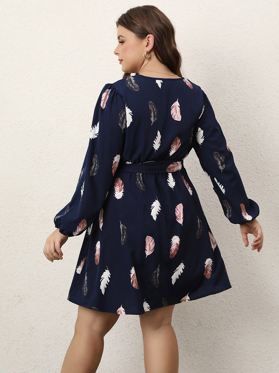 Trendy Plus Size Deep V-Neck Feather Print Dress
