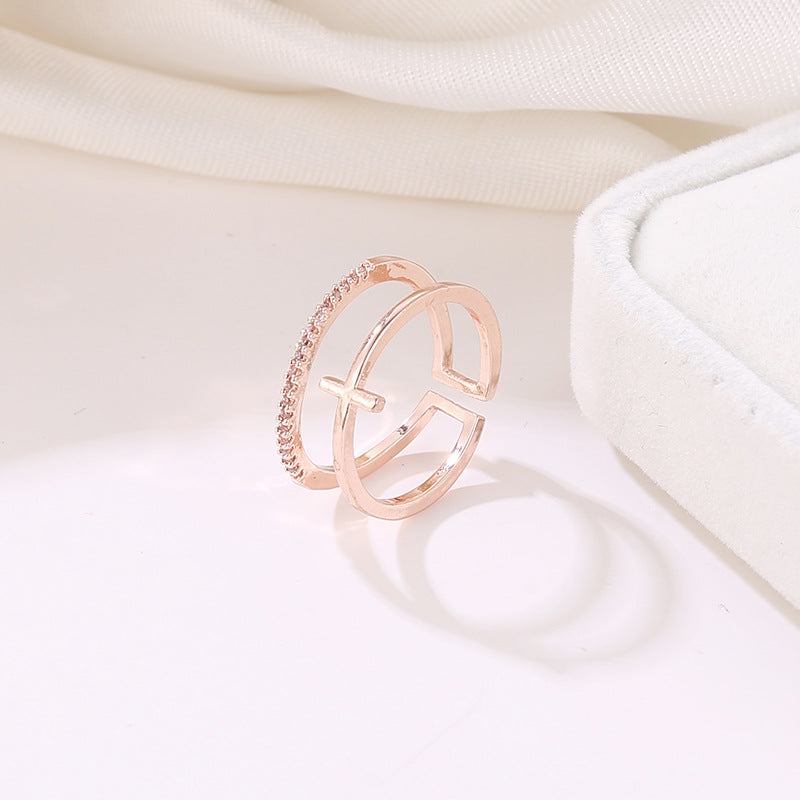 Rose Gold Cross Inlay Adjustable Ring - Trendy Design
