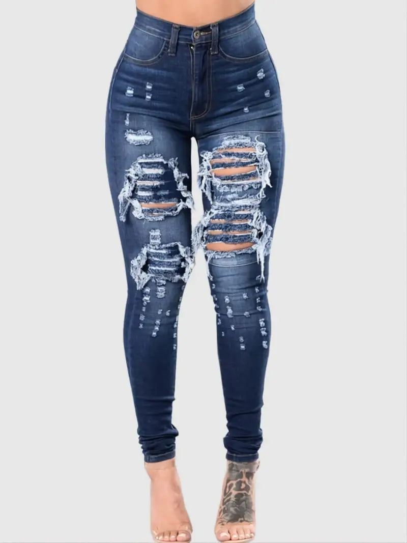 Women's Ripped Washed Blue Skinny Denim Trousers