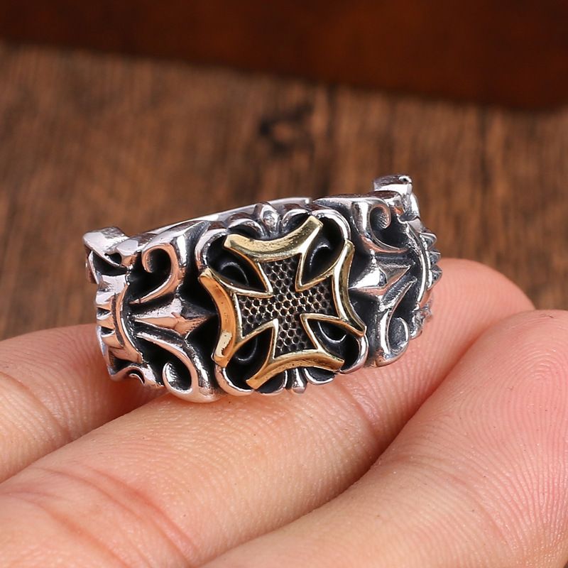 Men's Vintage Punk Cross Anchor Ring in Thai Silver