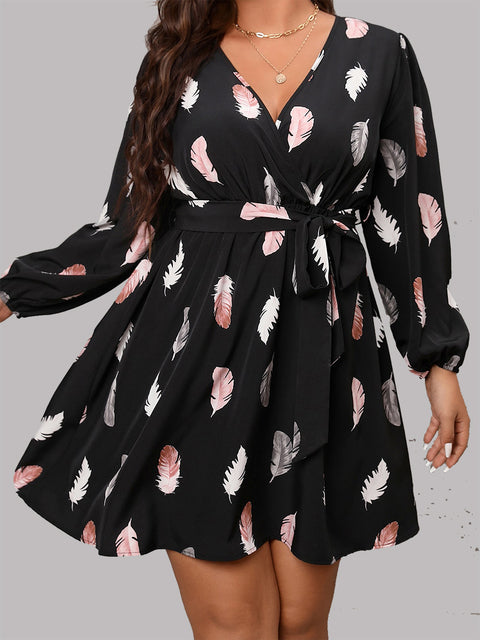Trendy Plus Size Deep V-Neck Feather Print Dress