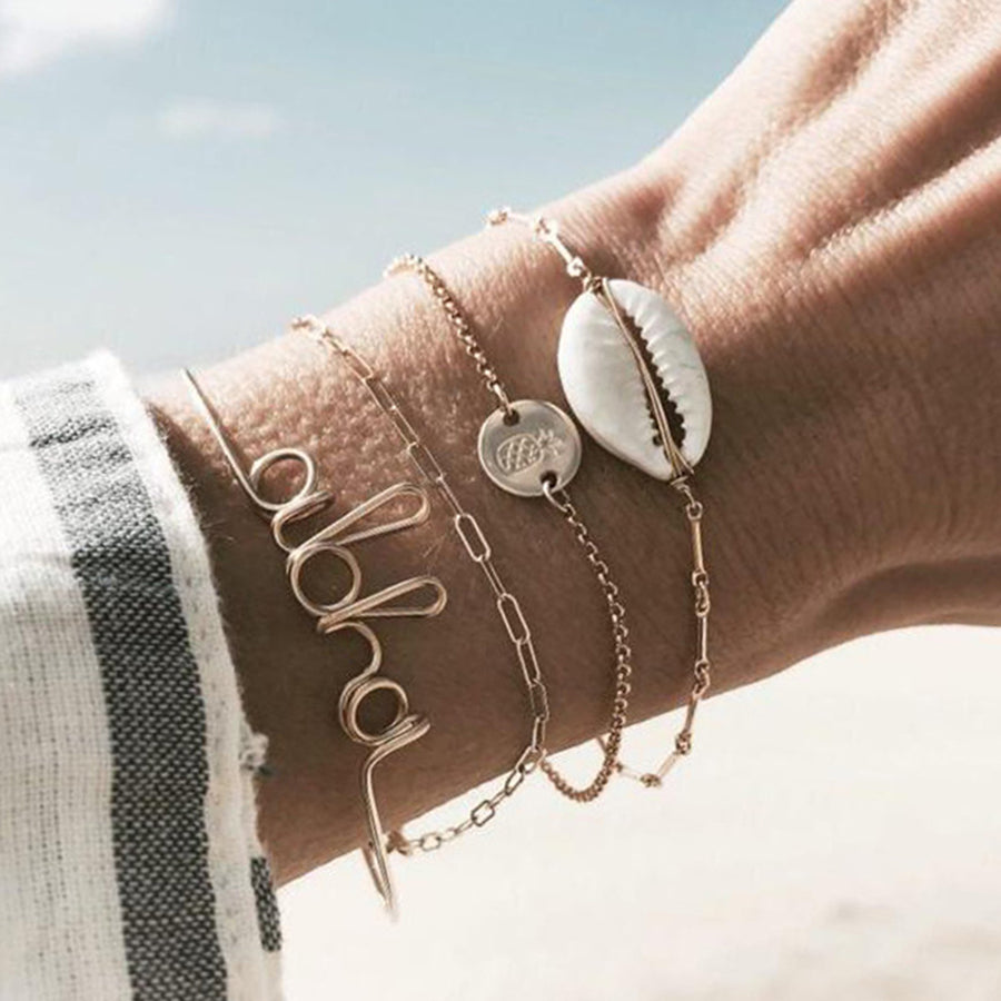 Vintage Bohemian Letter Shell Metal Bracelet Set (4 Pcs)