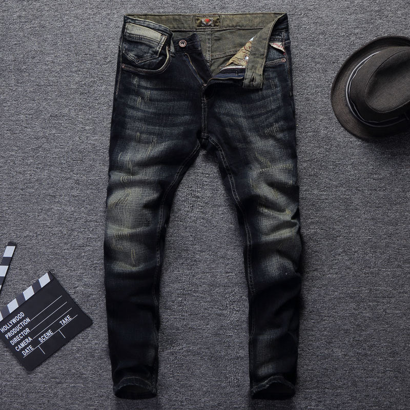 Frayed Slim-Fit Men's Jeans in European and American Style
