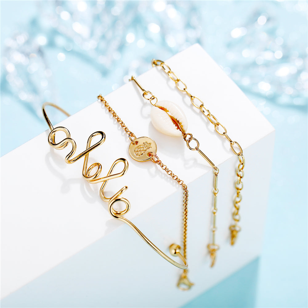 Vintage Bohemian Letter Shell Metal Bracelet Set (4 Pcs)