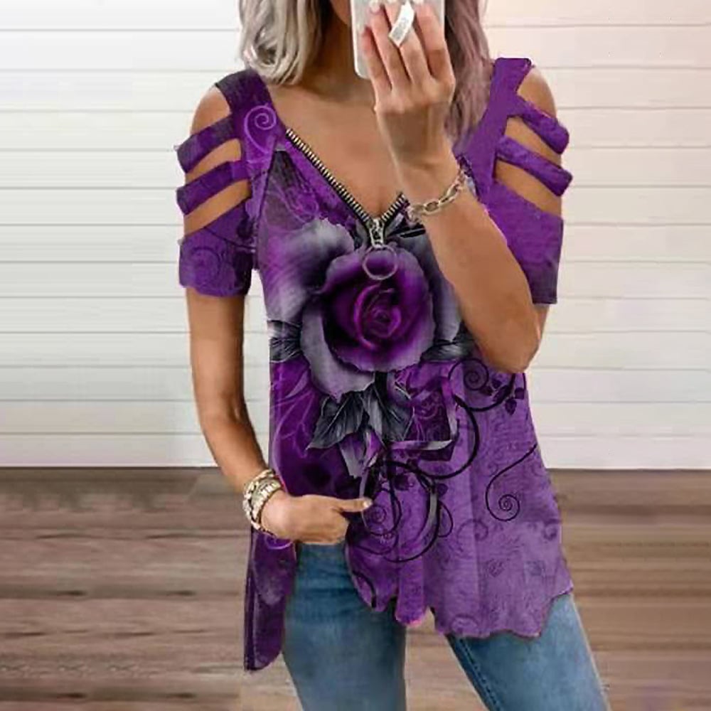 Women's Casual Loose Off Shoulder V Neck T-Shirt