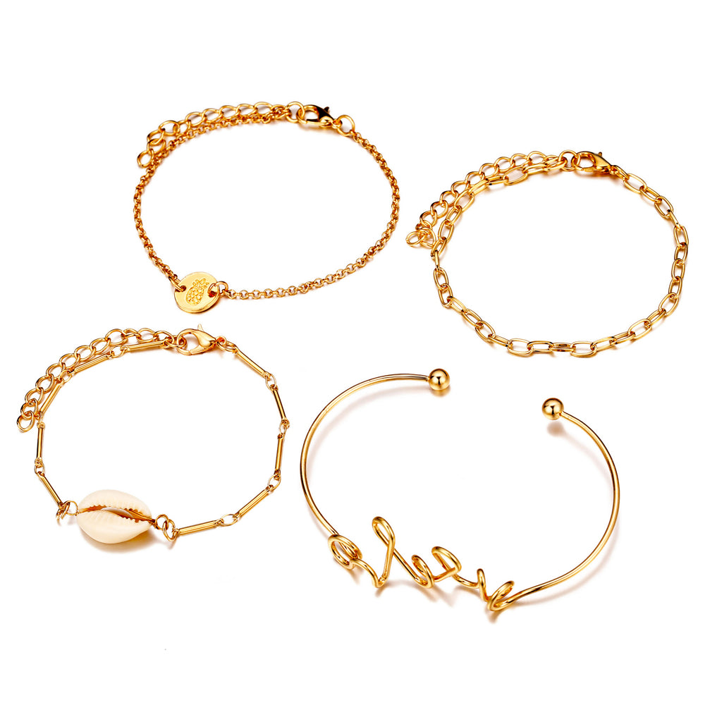 Vintage Bohemian Letter Shell Metal Bracelet Set (4 Pcs)