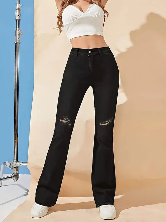 Black Ripped Flared Jeans - High Waist Distressed Denim - Hoodloom CityWear