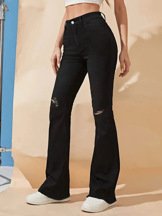 Black Ripped Flared Jeans - High Waist Distressed Denim - Hoodloom CityWear