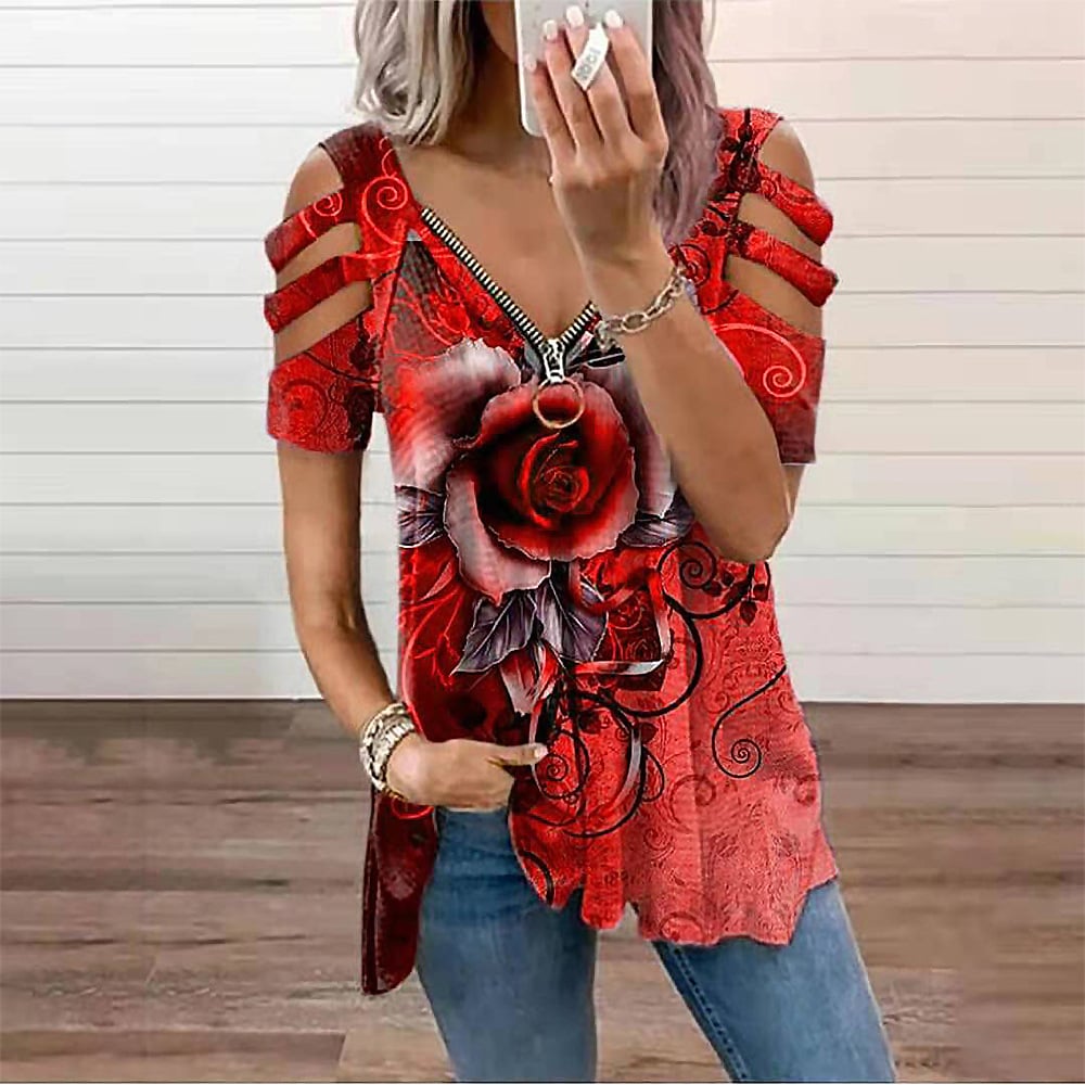 Women's Casual Loose Off Shoulder V Neck T-Shirt