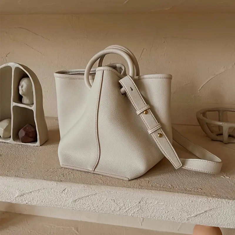 Trendy Solid Color Faux Leather Bucket Handbag